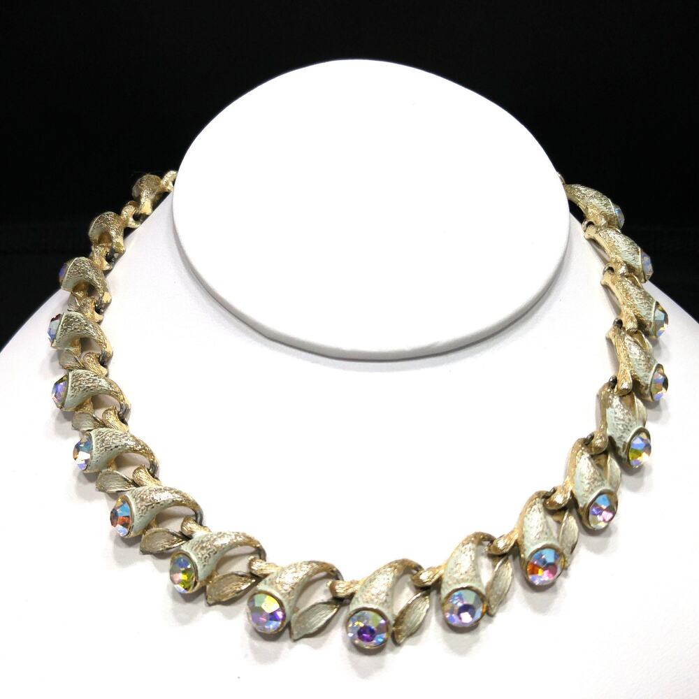 Brushed Gold Tone White Enamel Choker Necklace Aurora Borealis Rhinestones,1960s